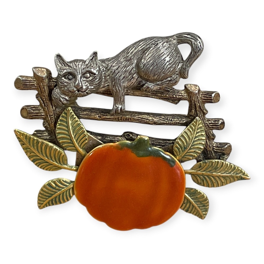Vintage Cat on Fence With Pumpkin Enamel Brooch Gold Silver Tone Fall Halloween